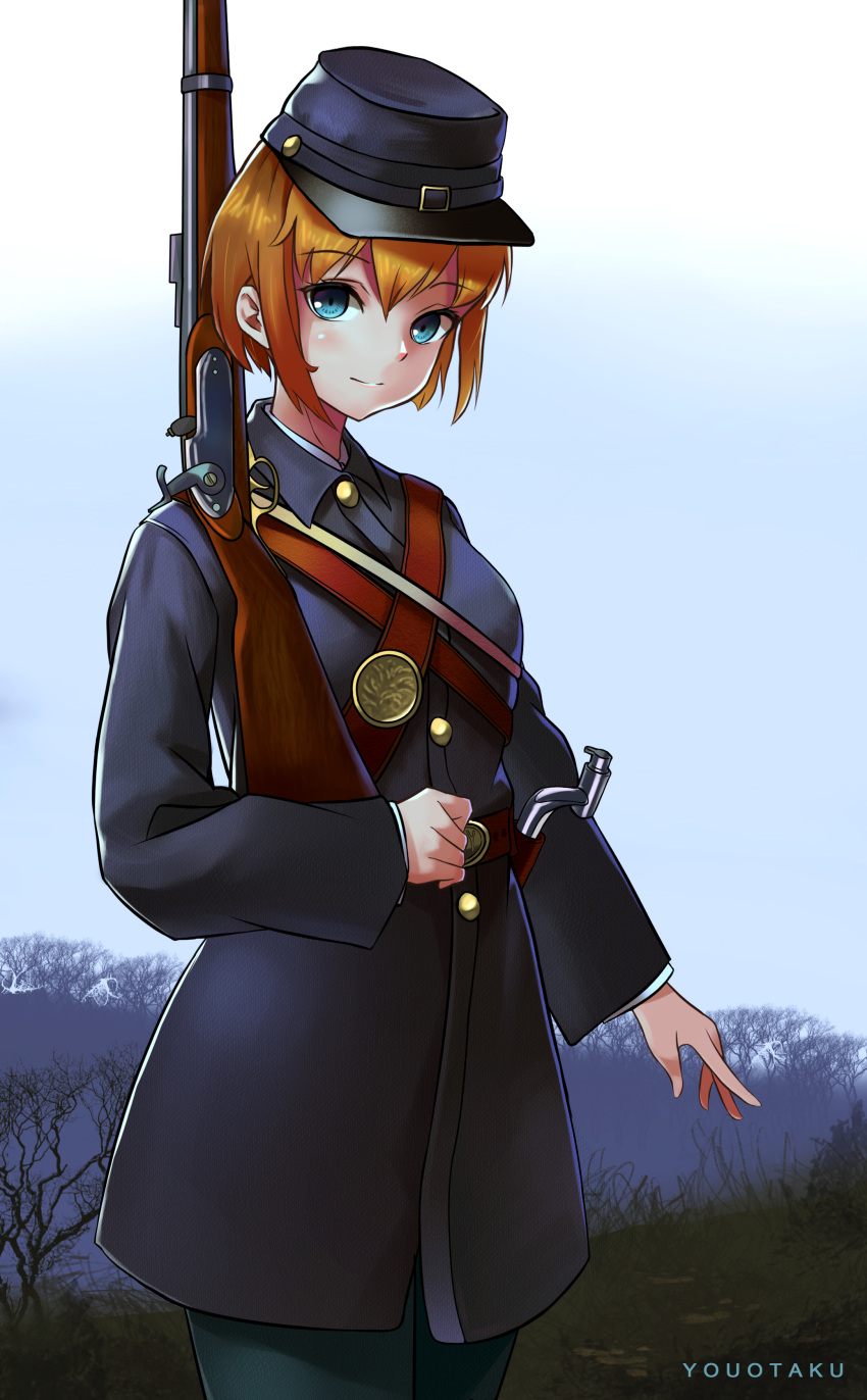 1girl, absurdres, american_civil_war, antique_firearm, bayonet, belt_buckle, blonde_hair, blue_eyes