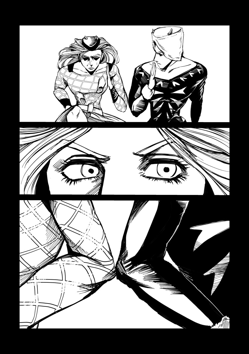 2boys, absurdres, commentary_request, elbow_bump, fishnet_top, fishnets, fur_hat, hat, highres, horned_hat, jojo_no_kimyou_na_bouken, kimeohandream, korean_commentary, long_hair, male_focus, multiple_boys, narciso_anasui, running, stone_ocean, sweat