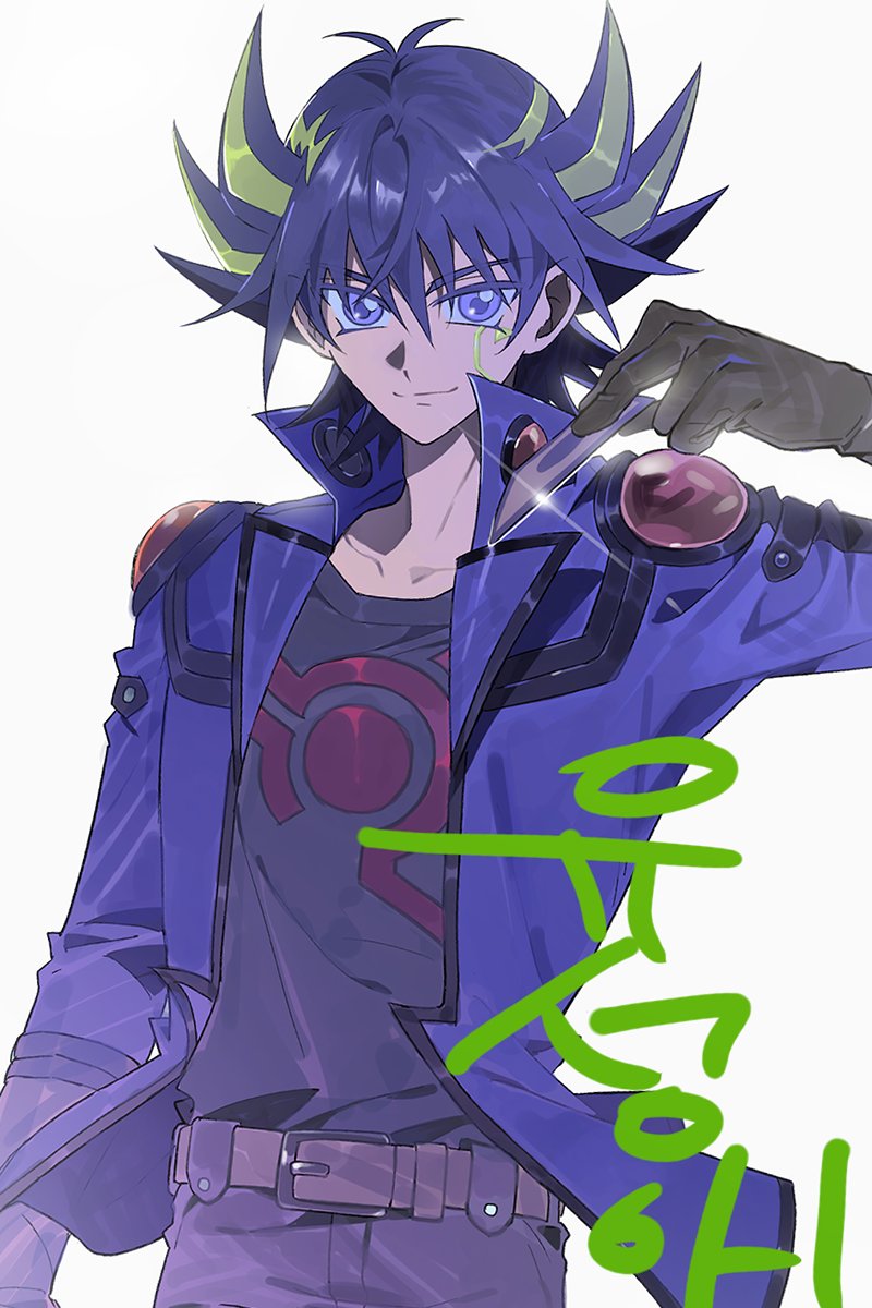 1boy, black_hair, black_shirt, blonde_hair, blue_jacket, card, cowboy_shot, facial_mark