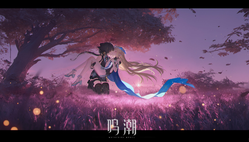 2girls, absurdres, alens, black_boots, black_dress, black_gloves, black_hair, black_shorts, blonde_hair, boots, braid, breasts, carrying, cartethyia_(wuthering_waves), closed_eyes, crown, crown_of_thorns, dress, elf, falling_leaves, female_rover_(wuthering_waves), full_body, gloves, grass, hands_on_another's_shoulders, hands_on_another's_thighs, highres, kiss, kneeling, leaf, legband, long_hair, multiple_girls, on_grass, outdoors, pants, pointy_ears, princess_carry, rover_(wuthering_waves), shoes, short_hair, shorts, sky, small_breasts, sunset, tacet_mark_(wuthering_waves), thigh_boots, tree, white_shoes, wuthering_waves, yellow_eyes, yuri