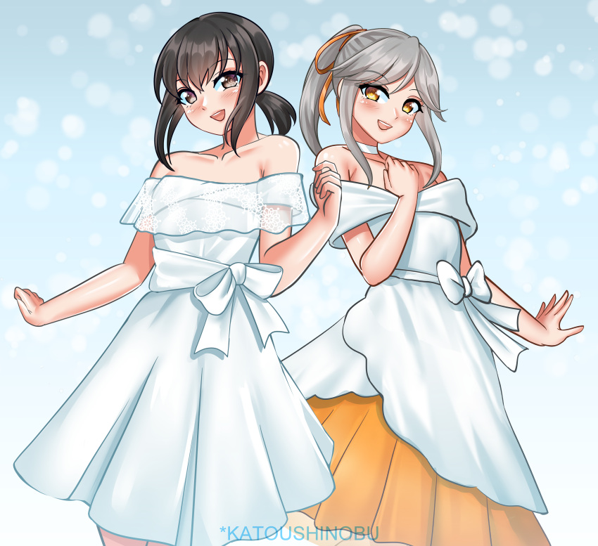 2girls, absurdres, bare_shoulders, black_eyes, black_hair, brown_eyes, collarbone, cowboy_shot