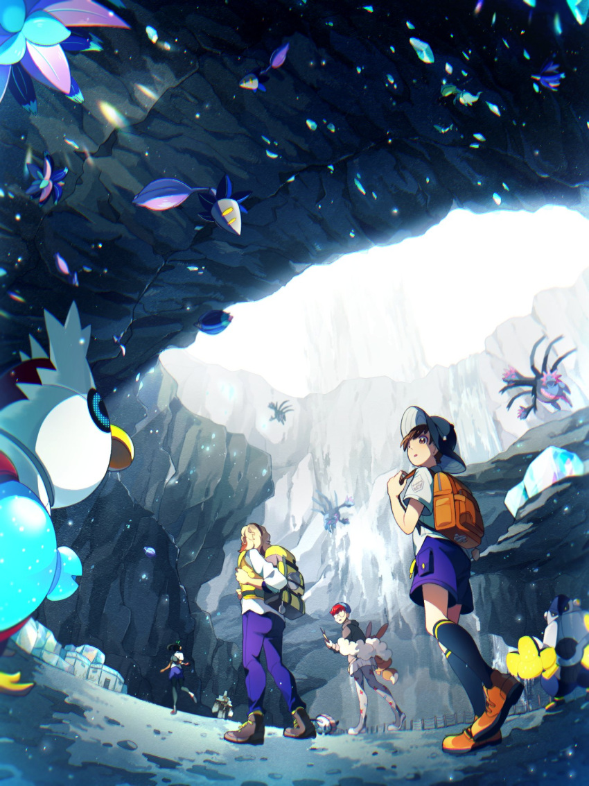 2boys, 2girls, arven_(pokemon), backpack, bag, black_socks, brown_bag, brown_hair