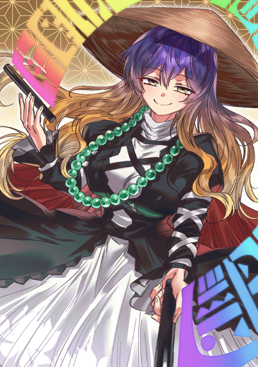 1girl, ajirogasa, asa_no_ha_(pattern), bead_necklace, beads, breasts, cape, closed_mouth