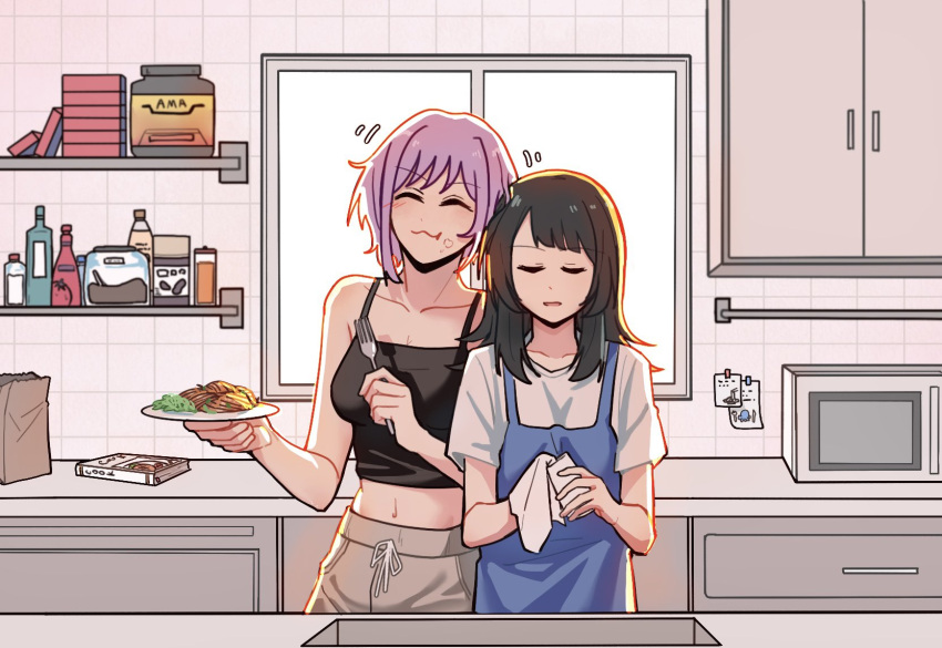 2girls, apron, bang_dream!, bang_dream!_it's_mygo!!!!!, black_camisole, blue_apron, book, camisole