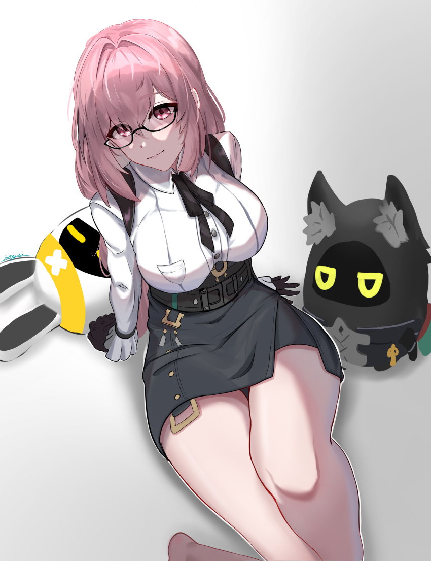 1girl, absurdres, black_gloves, black_skirt, blush, breasts, closed_mouth, dress_shirt