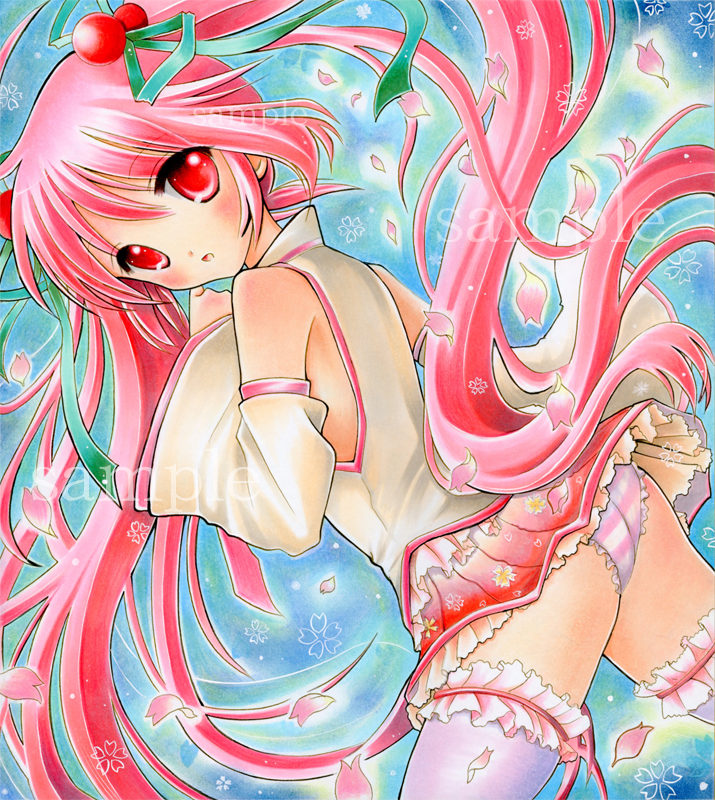 bad_id, cherry, detached_sleeves, food, fruit, hair_ribbon, hatsune_miku, long_hair