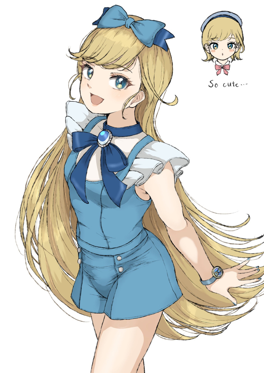 1girl, blonde_hair, blue_bow, blue_bowtie, blue_eyes, blue_shorts, bow, bowtie