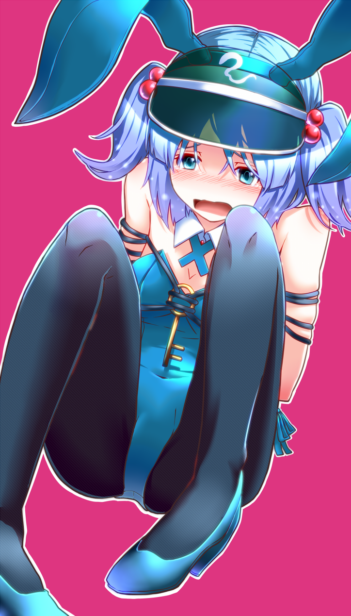 alternate_costume, animal_ears, bare_shoulders, bdsm, black_legwear, black_pantyhose, blue_eyes, blue_hair, blush, bondage, breasts, bunny_ears, bunnysuit, cleavage, hair_bobbles, hair_ornament, hat, high_heels, highres, kawashiro_nitori, kemonomimi_mode, key, open_mouth, pantyhose, saya_(sayamendo), shoes, short_hair, simple_background, solo, tears, touhou, twintails, visor, visor_cap
