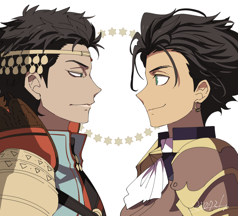 2boys, armor, ascot, blue_tunic, brown_armor, brown_hair, circlet, claude_von_riegan, dark_skin, earrings, fire_emblem, fire_emblem:_three_houses, fire_emblem_warriors:_three_hopes, green_eyes, jewelry, l_(matador), multiple_boys, official_alternate_costume, official_alternate_hairstyle, shahid_(fire_emblem), shoulder_armor, tunic