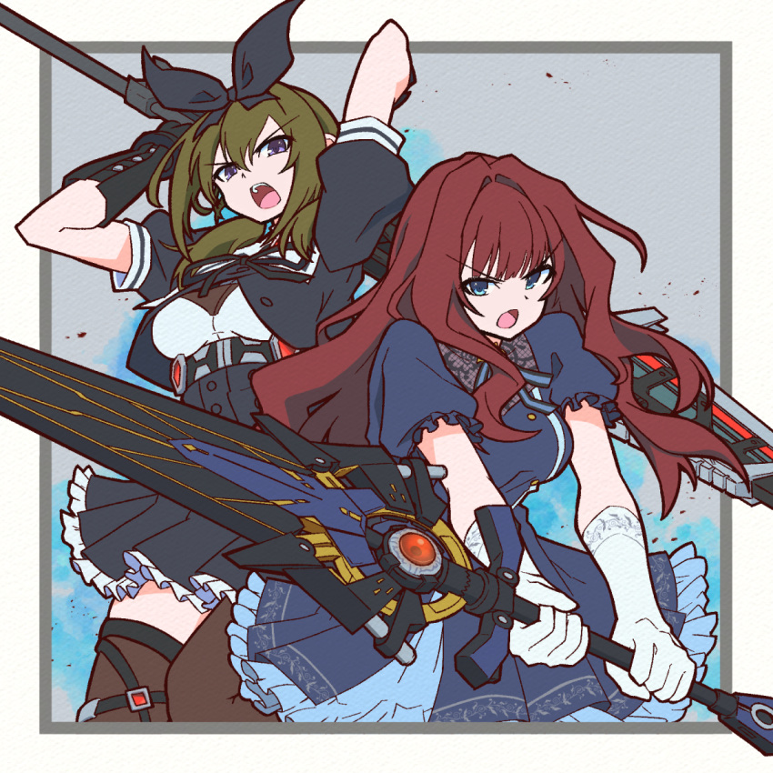 2girls, arms_up, assault_lily, belt, belt_buckle, black_belt, black_bow, black_dress