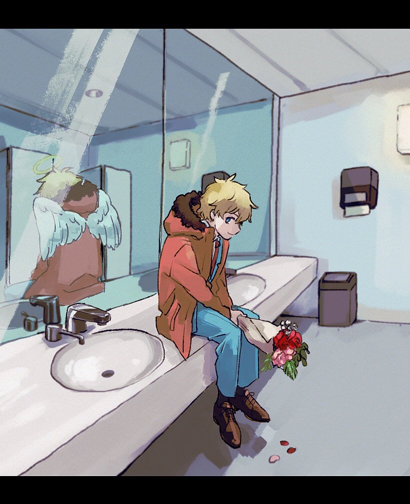 1boy, angel_wings, blonde_hair, blue_eyes, blue_pants, bouquet, different_reflection, faucet