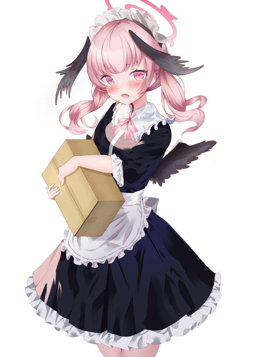 1girl, absurdres, apron, bat_wings, black_wings, blue_archive, blush, box