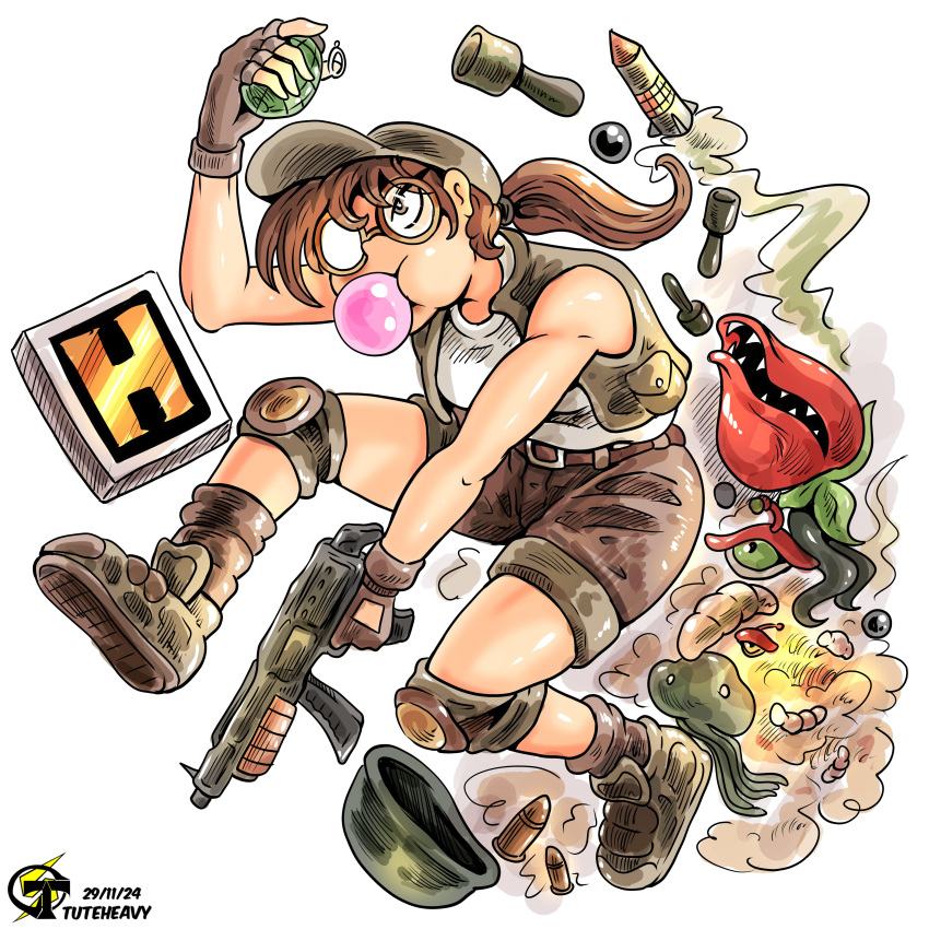1girl, absurdres, artist_logo, artist_name, belt, blowing_bubbles, boots, brown_belt