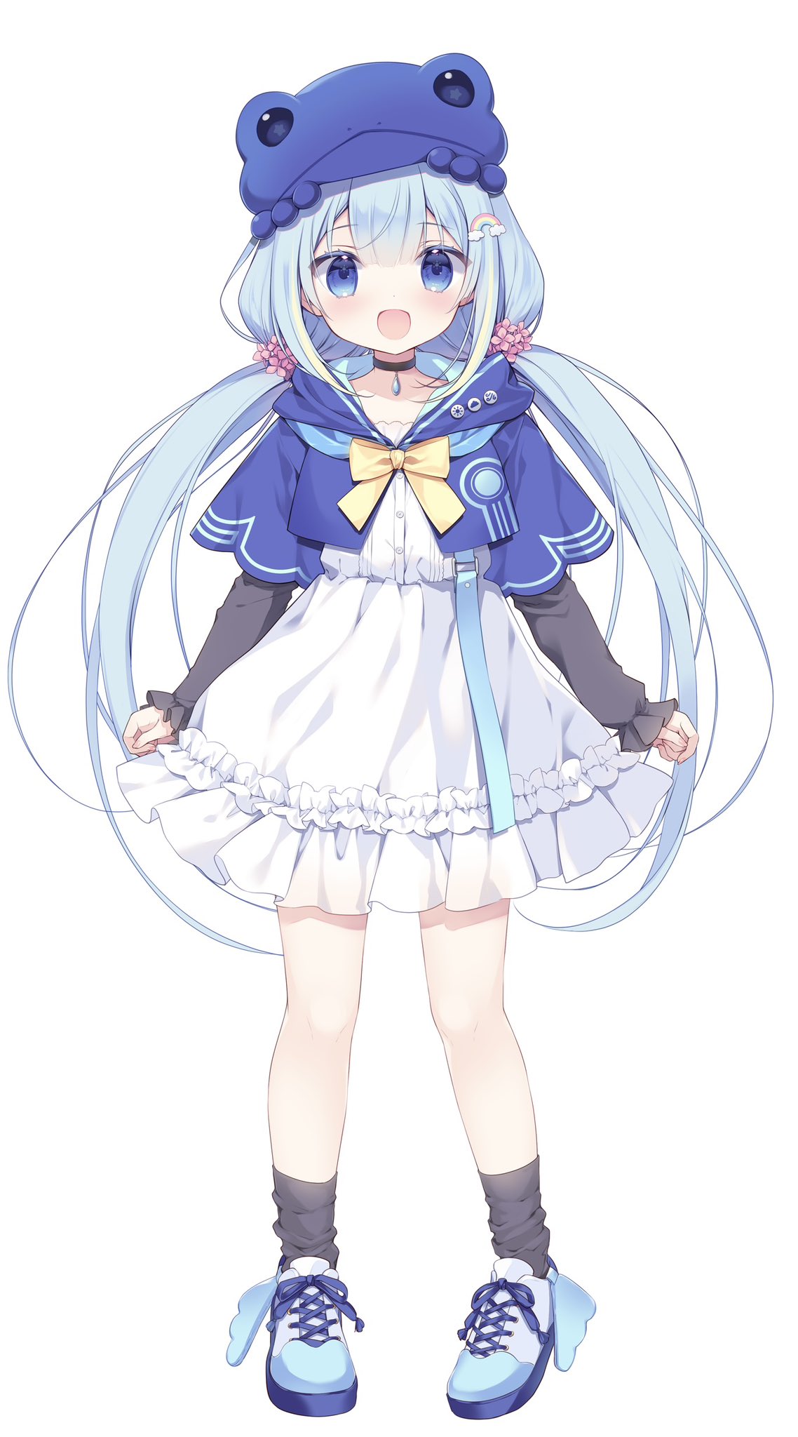 1girl, :d, amami_ami, black_choker, black_sleeves, black_socks, blonde_hair, blue_eyes, blue_hair, blue_hat, blue_shoes, blush, choker, commentary_request, dress, frilled_dress, frills, frog_hat, full_body, hat, highres, long_sleeves, looking_at_viewer, miyasaka_miyu, multicolored_hair, prism_project, rainbow_hair_ornament, shoes, simple_background, sleeves_past_wrists, smile, socks, solo, standing, streaked_hair, twintails, virtual_youtuber, white_background, white_dress
