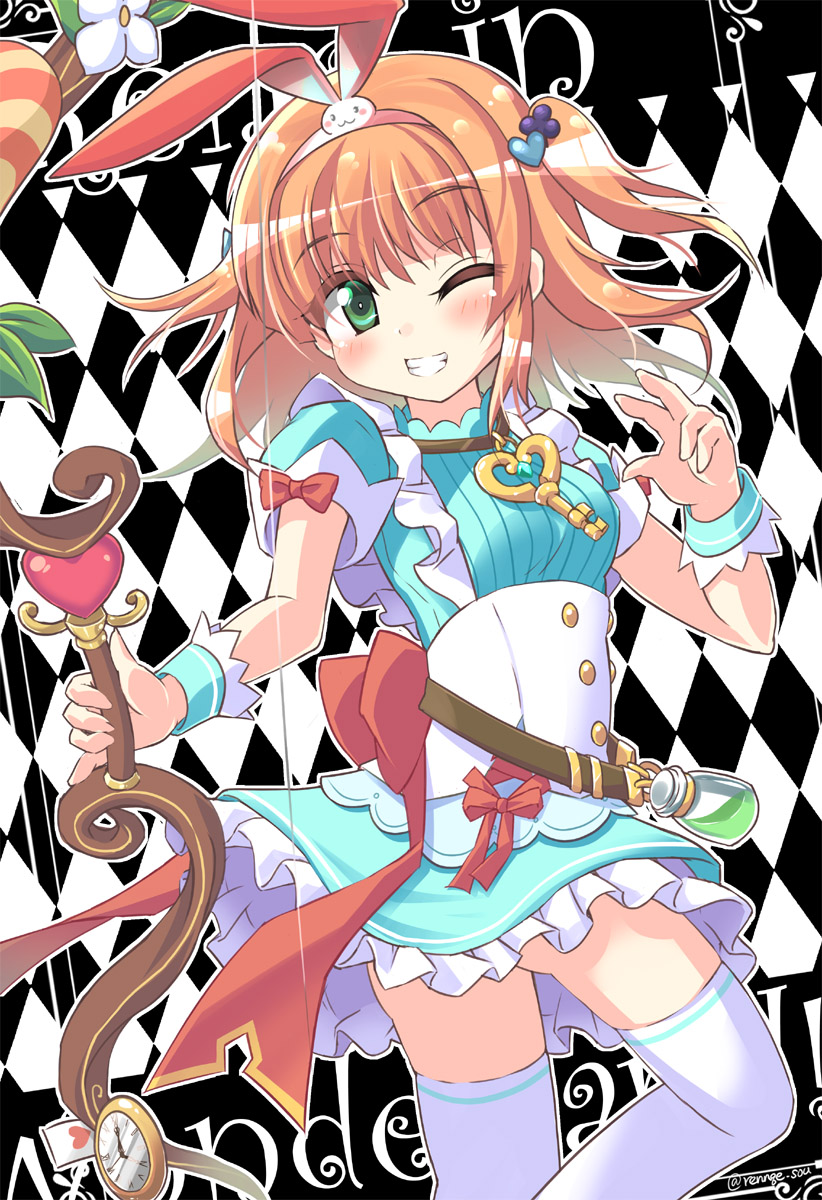 alice_in_wonderland, bow, bow_(weapon), bowtie, frilled_skirt, frills, green_eyes, hair_ornament