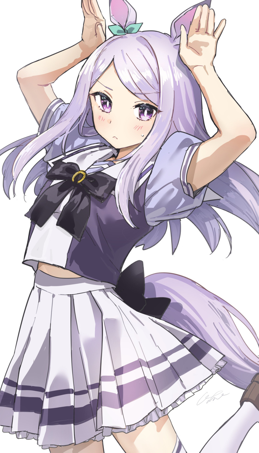 1girl, absurdres, animal_ears, arms_on_head, arms_up, black_bow, blush, bow