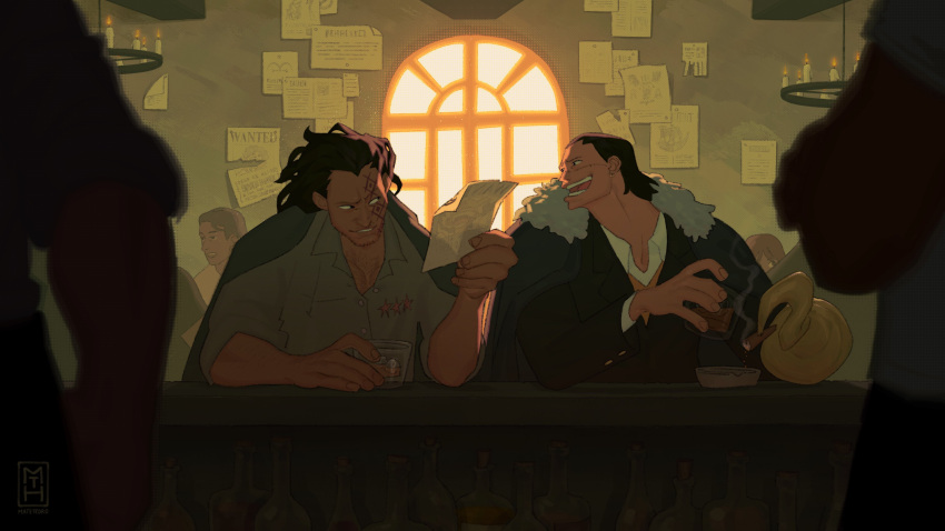absurdres, beard_stubble, black_hair, cigar, commentary, crocodile_(one_piece), cup, facial_hair