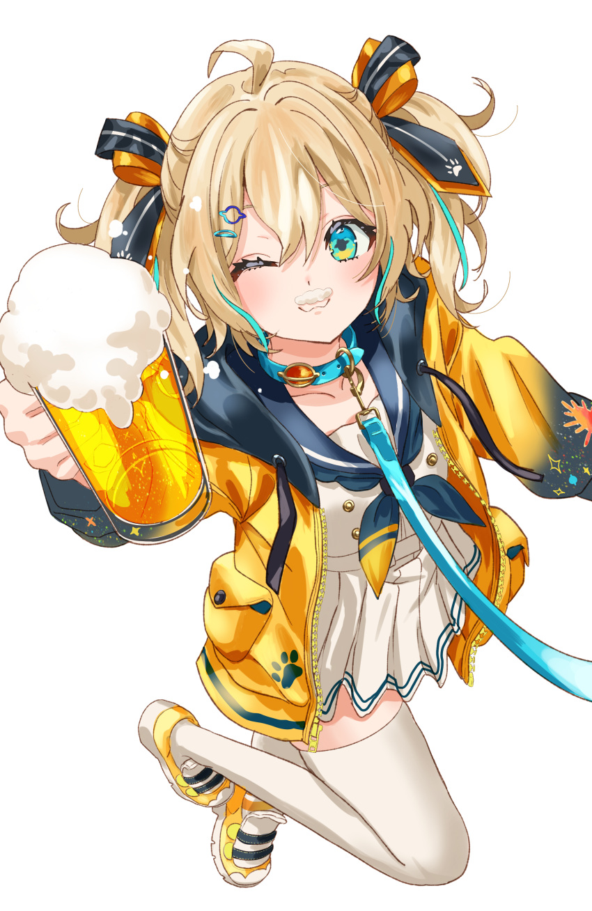 1girl, absurdres, ahoge, appare_hinata, beer_mug, belt_collar, blonde_hair, blue_collar