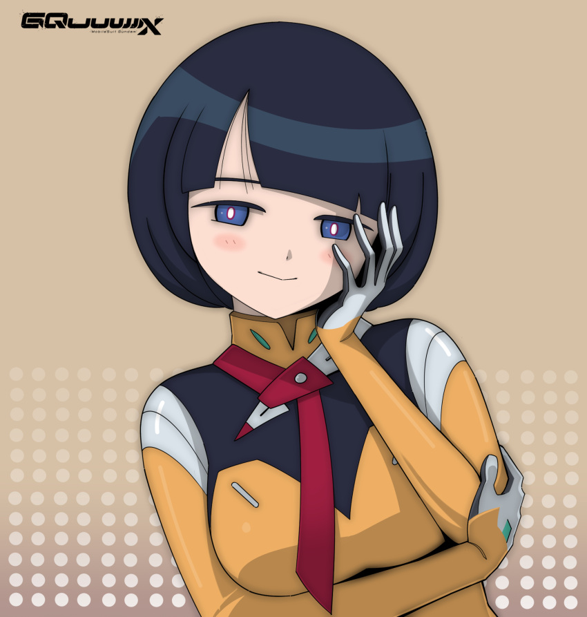 1girl, arm_under_breasts, black_hair, blue_eyes, blunt_bangs, bodysuit, breasts, bright_pupils, brown_background, closed_mouth, commentary, copyright_name, earth_federation, gundam, gundam_gquuuuuux, hand_on_own_face, highres, js_71535, looking_at_viewer, mecha_pilot_suit, medium_breasts, normal_suit_(gundam), shiiko_sugai, short_hair, smile, solo, upper_body, white_pupils, yellow_bodysuit