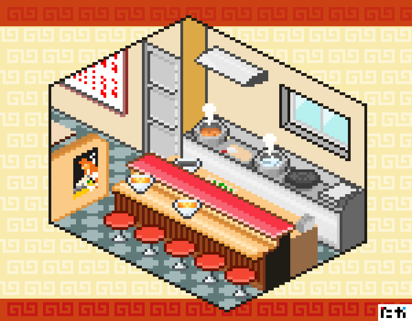 bowl, cooking_pot, cutting_board, door, food, indoors, kenja_taka, no_humans