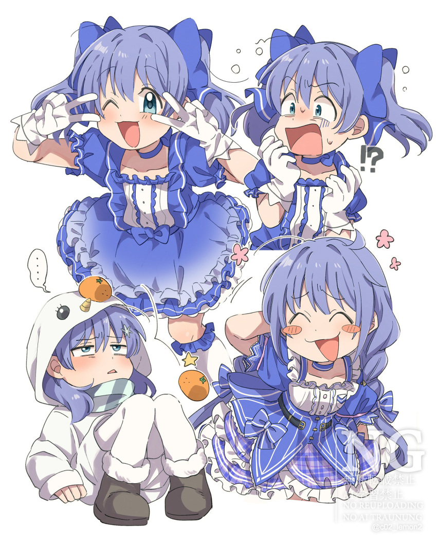 !?, 1girl, :d, blue_bow, blue_eyes, blue_hair, blue_skirt, blush_stickers