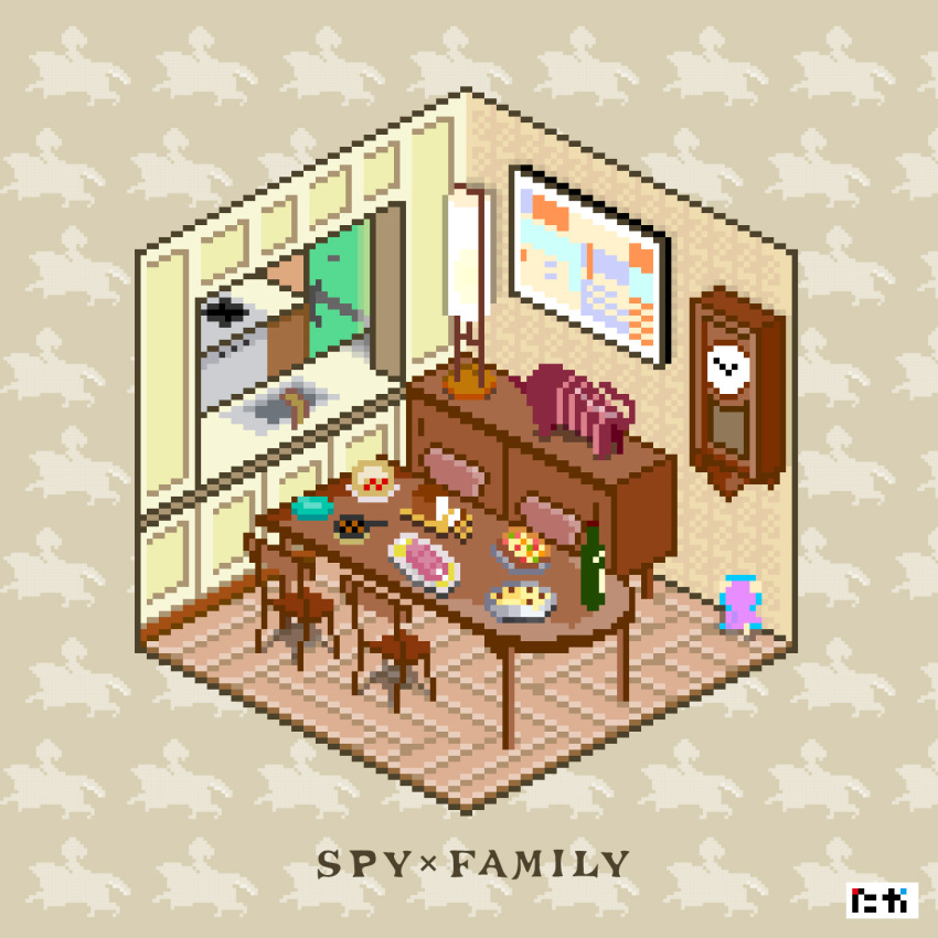 bottle, brown_background, chair, clock, copyright_name, food, highres, indoors, kenja_taka, lamp, no_humans, pixel_art, plate, scenery, sink, spy_x_family, stuffed_toy, table, wine_bottle
