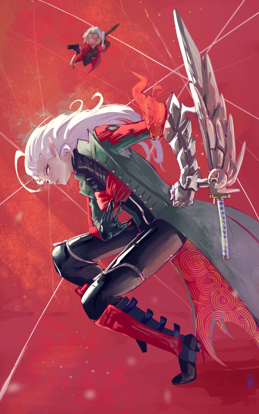 1girl, absurdres, ahoge, black_coat, black_gloves, black_pants, black_shirt, black_shoes, boutsoftheblind, closed_mouth, coat, cosplay, dante_(devil_may_cry), dante_(devil_may_cry)_(cosplay), devil_may_cry_(series), geega_(vtuber), gloves, grey_eyes, grey_hair, highres, looking_at_viewer, pants, pointy_ears, shirt, shoes, solo, virtual_youtuber, vshojo