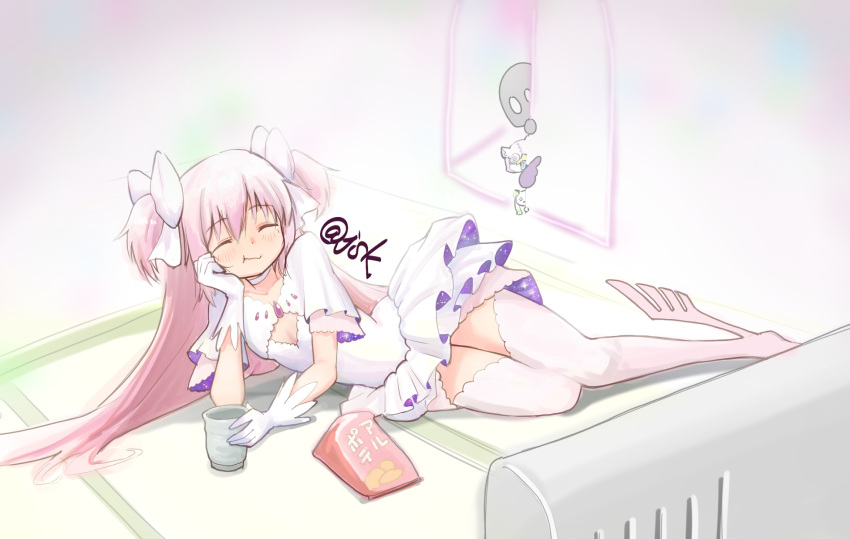 2girls, a-q_(madoka_magica), ankle_wings, artist_name, bag_of_chips, blush, bow, cleavage_cutout