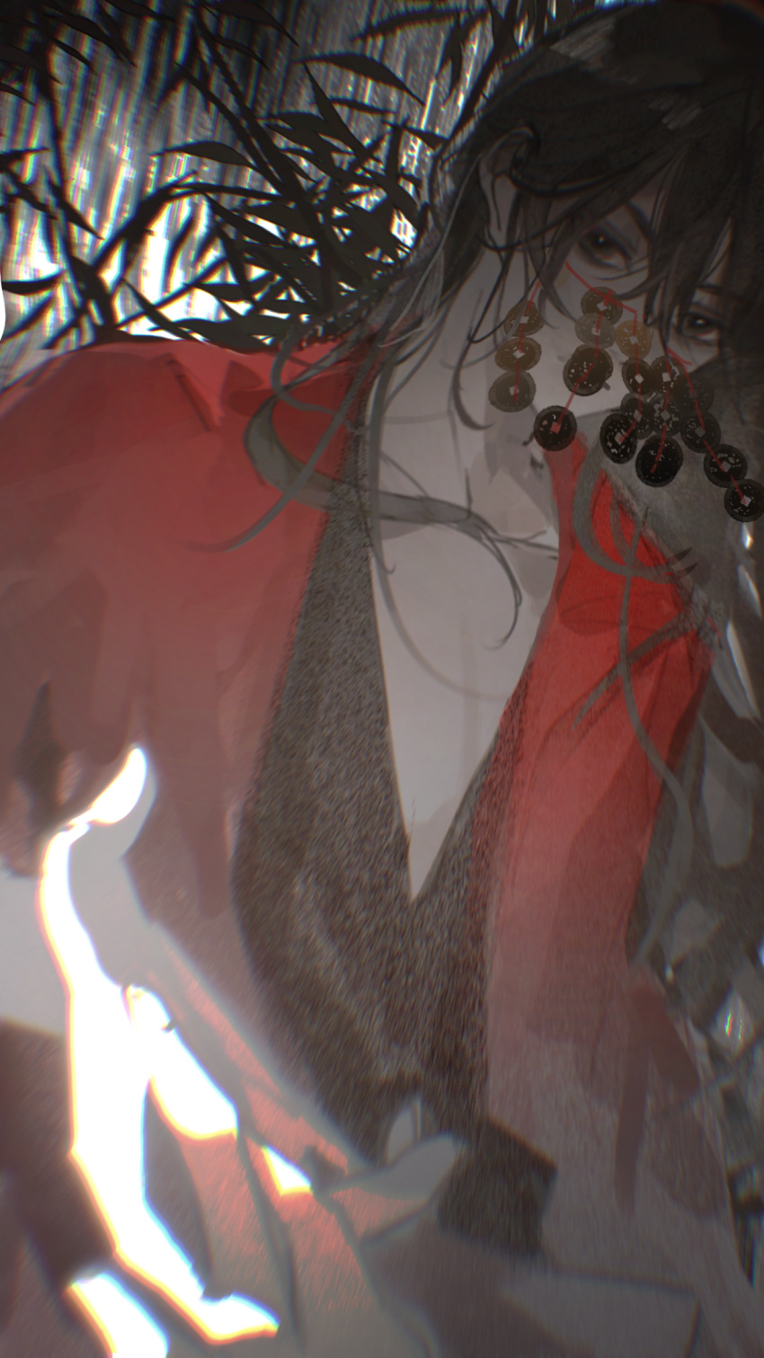 1boy, aaawwwssslll, black_eyes, black_hair, black_hanfu, blurry, chinese_clothes, chinese_commentary