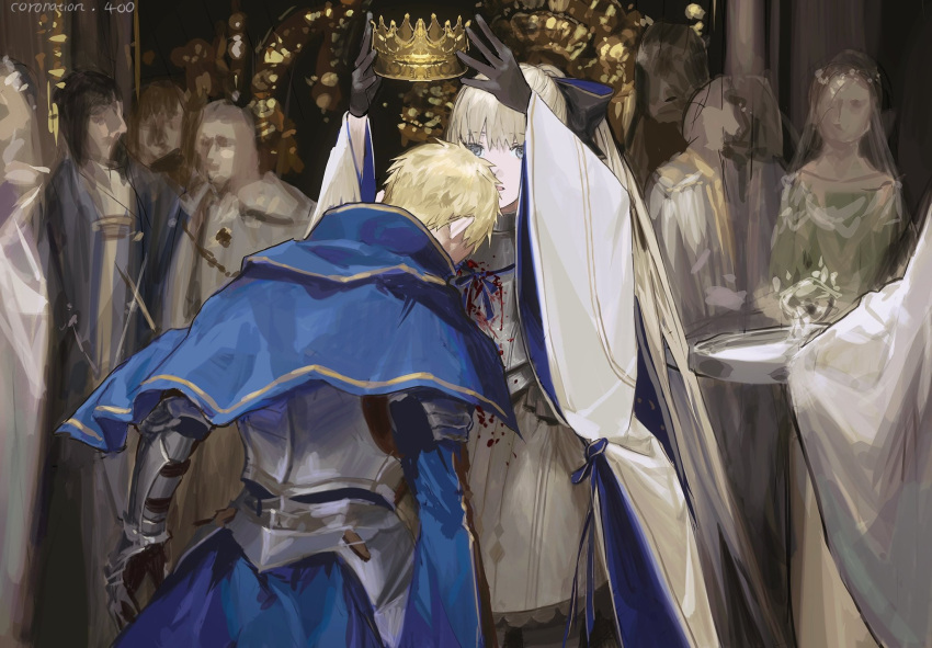 1boy, 1girl, aesc_(fate), aesc_(savior)_(fate), armor, blonde_hair, blood, blood_on_clothes, blue_cloak, cherroppi, cloak, crown, fate/grand_order, fate_(series), highres, poisoned, ponytail, robe, uther_pendragon_(fate), white_robe