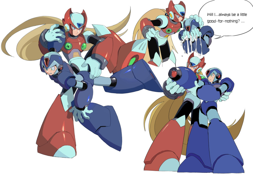 2boys, arm_cannon, armor, blonde_hair, blue_armor, blue_eyes, blue_helmet, chest_jewel, crying, forehead_jewel, full_body, green_eyes, helmet, highres, lidian_s, long_hair, male_focus, mega_man_(series), mega_man_x_(series), missing_commentary, multiple_boys, red_armor, red_helmet, simple_background, weapon, white_background, x_(mega_man), zero_(mega_man)