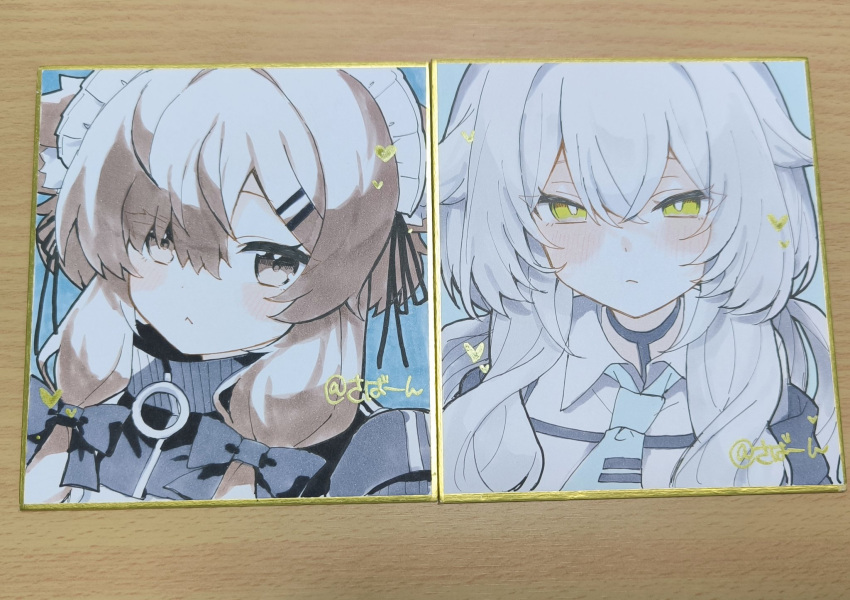 2girls, :<, akikan_sabako, animal_ear_fluff, animal_ears, black_bow, black_choker, black_jacket