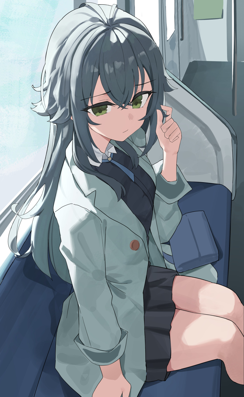 1girl, absurdres, ahoge, black_skirt, closed_mouth, coat, collar, dddm, gakuen_idolmaster, grabbing_own_hair, green_eyes, grey_hair, highres, idolmaster, long_hair, sitting, skirt, train, train_interior, tsukimura_temari, white_coat, white_collar