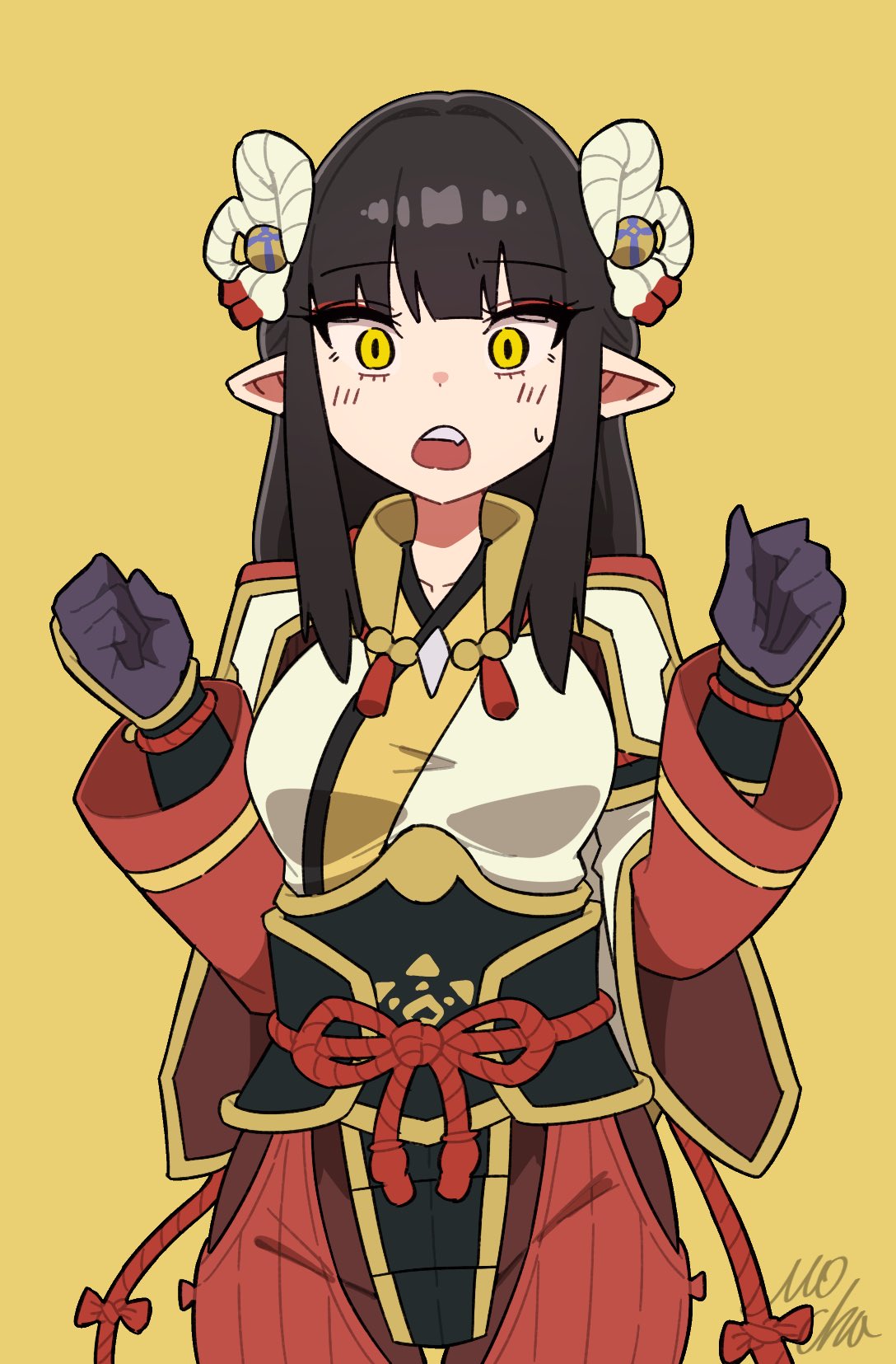 1girl, black_gloves, black_hair, blush, commentary_request, eyeshadow, gloves, hair_ornament