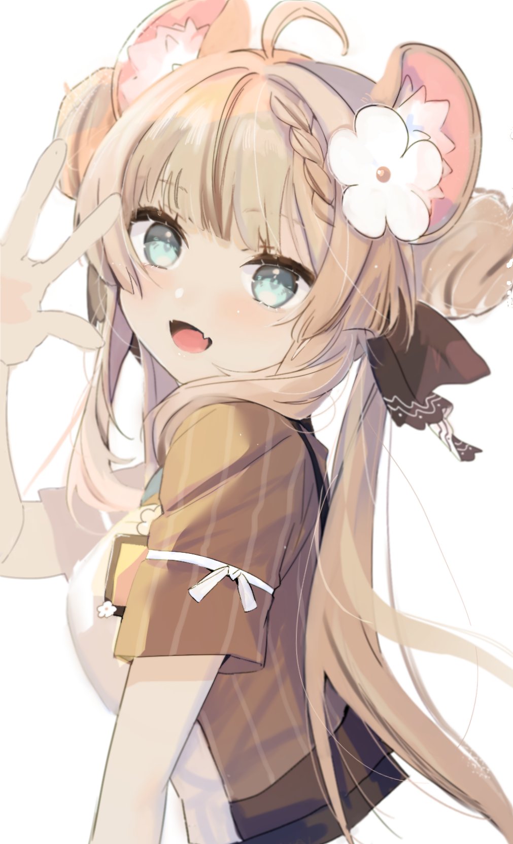 1girl, :d, ahoge, animal_ear_fluff, animal_ears, apron, blue_eyes, blush