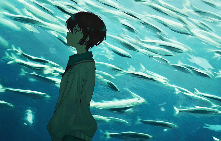 1girl, amate_yuzuriha, aqua_shirt, aqua_skirt, cardigan, collared_shirt, fish, gundam
