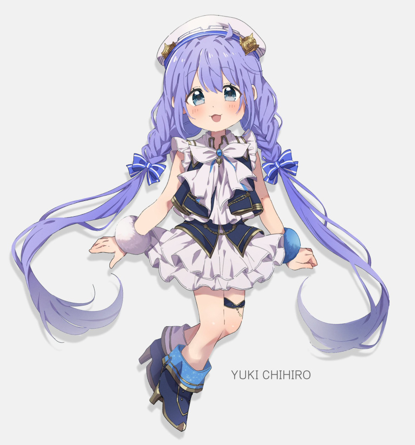 1girl, alternate_costume, ankle_boots, aqua_eyes, beret, blue_hair, boots, bow
