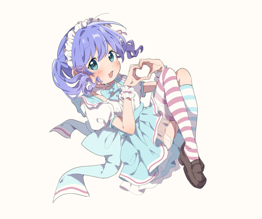 1girl, aqua_bow, aqua_bowtie, aqua_eyes, aqua_skirt, asymmetrical_legwear, back_bow, blue_hair
