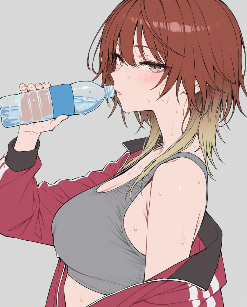 1girl, 37bannai, after_exercise, ai-generated, aketa_mikoto, blonde_hair, blush, bottle