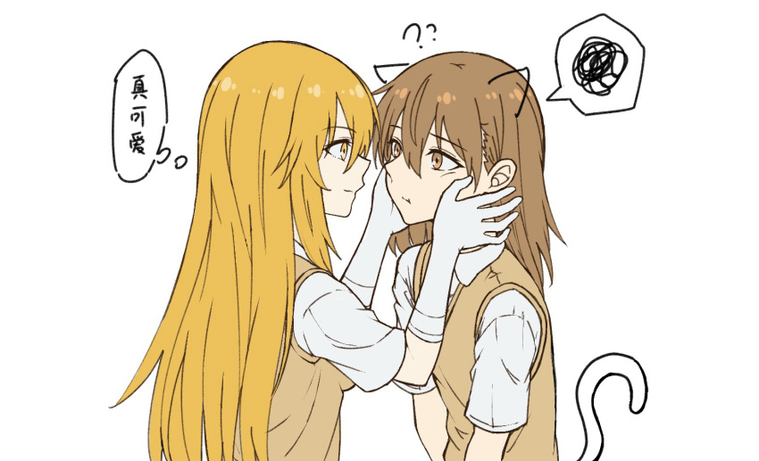 2girls, ?, ??, animal_ears, blonde_hair, brown_hair, cat_ears, cat_girl
