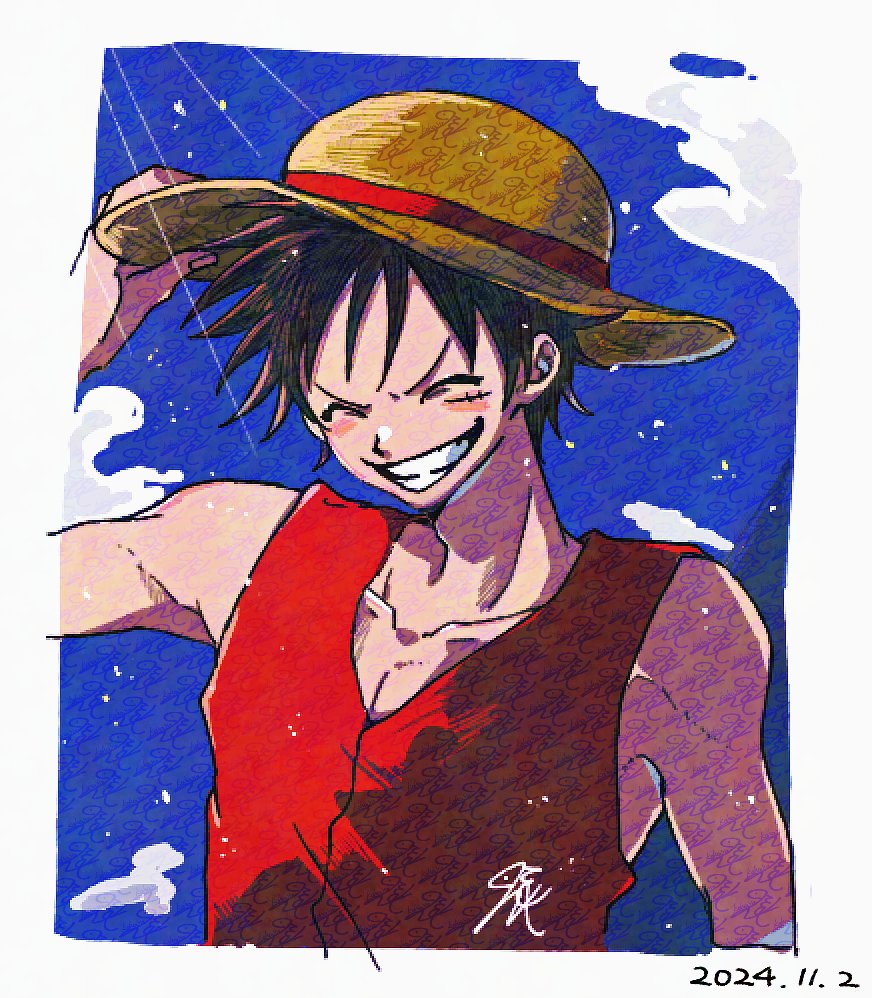 1boy, ^_^, black_hair, blue_sky, border, closed_eyes, clouds, commentary_request, dated, hat, kohaya58938, male_focus, monkey_d._luffy, one_piece, red_shirt, scar, scar_on_face, shirt, sky, sleeveless, sleeveless_shirt, smile, solo, straw_hat, upper_body, white_border