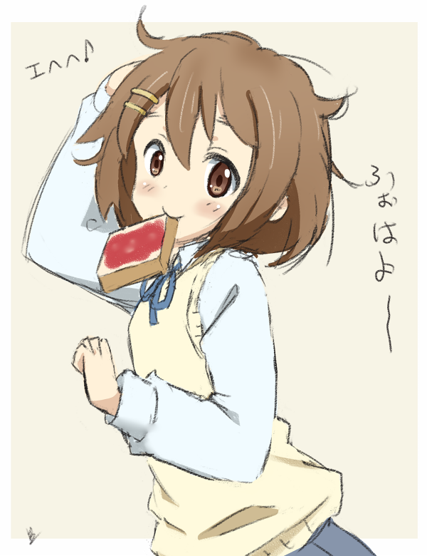 1girl, blue_ribbon, brown_eyes, brown_hair, food, hair_ornament, hairclip, hirasawa_yui, holding, holding_food, k-on!, looking_at_viewer, ma-2_(konkon_kitakitsune), messy_hair, mouth_hold, ribbon, school_uniform, scratching_head, short_hair, solo, translation_request