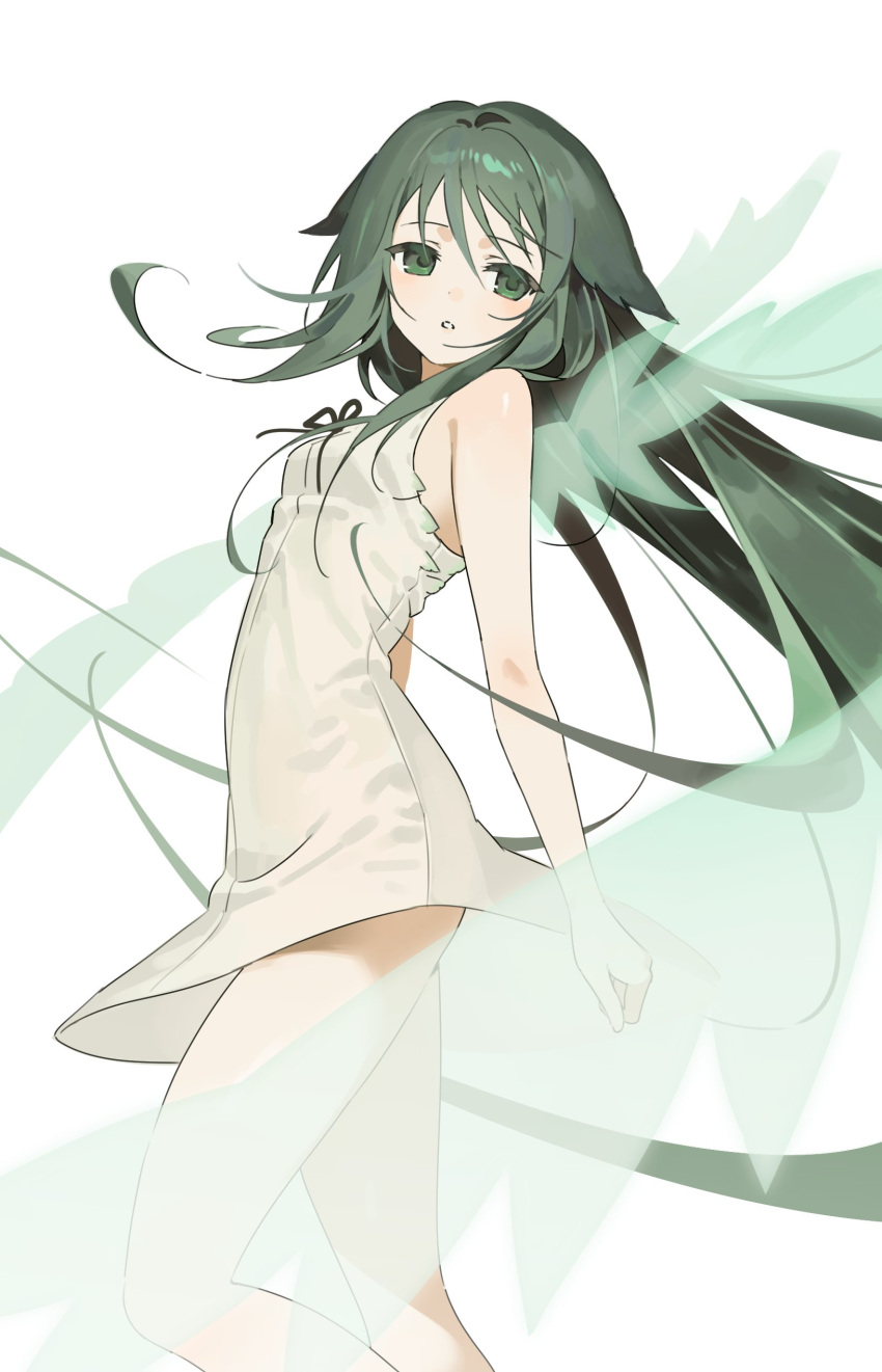 1girl, absurdres, bare_shoulders, breasts, dress, expressionless, green_eyes, green_hair, gyechan_(3bib1m), highres, long_hair, looking_at_viewer, parted_lips, ribbon, saya_(saya_no_uta), saya_no_uta, sleeveless, sleeveless_dress, small_breasts, solo, sundress, very_long_hair, white_background, white_dress, wings