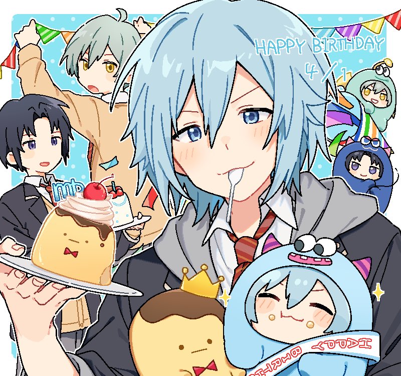 3boys, :3, :o, black_hair, black_jacket, blue_background, blue_hair, cake