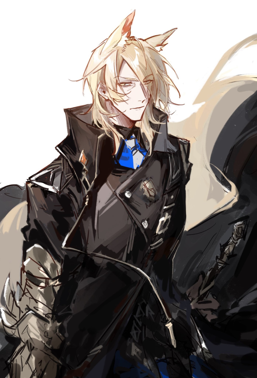 1boy, animal_ears, arknights, black_coat, blonde_hair, blue_shirt, coat, collared_shirt