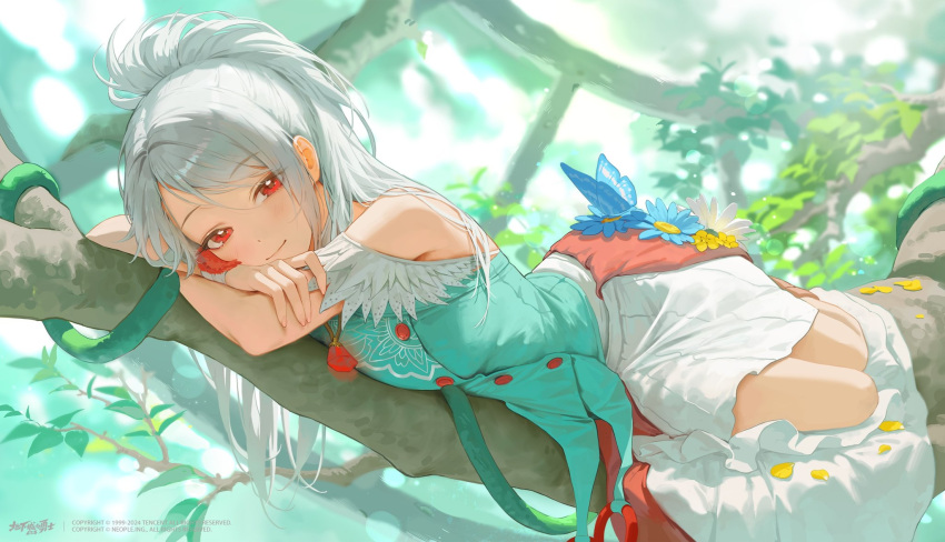 1girl, bangsom, blue_butterfly, blue_flower, blurry, blurry_background, branch, breasts
