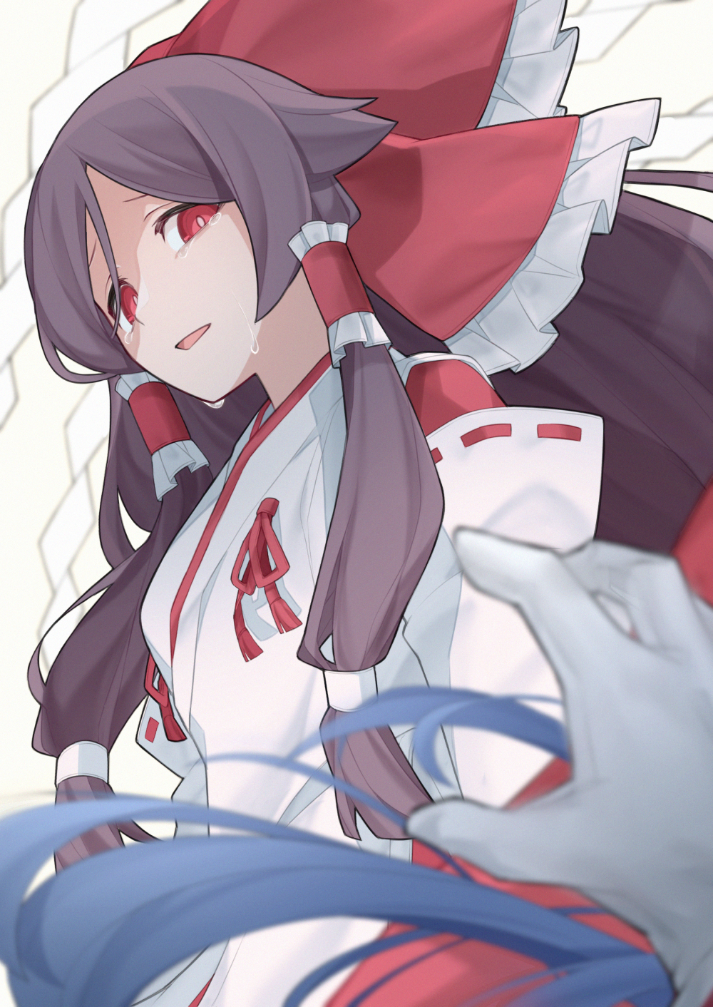 2girls, blue_hair, blurry, bow, brown_hair, ch00suke, chihaya_(clothing), commentary_request, crying, crying_with_eyes_open, depth_of_field, detached_sleeves, foul_detective_satori, frilled_bow, frilled_hair_tubes, frills, gensokyo's_first_hakurei_miko, gloves, hair_bow, hair_tubes, highres, japanese_clothes, long_hair, miko, miyadeguchi_mizuchi, multiple_girls, open_mouth, red_bow, red_eyes, ribbon-trimmed_sleeves, ribbon_trim, tears, touhou, very_long_hair, white_gloves
