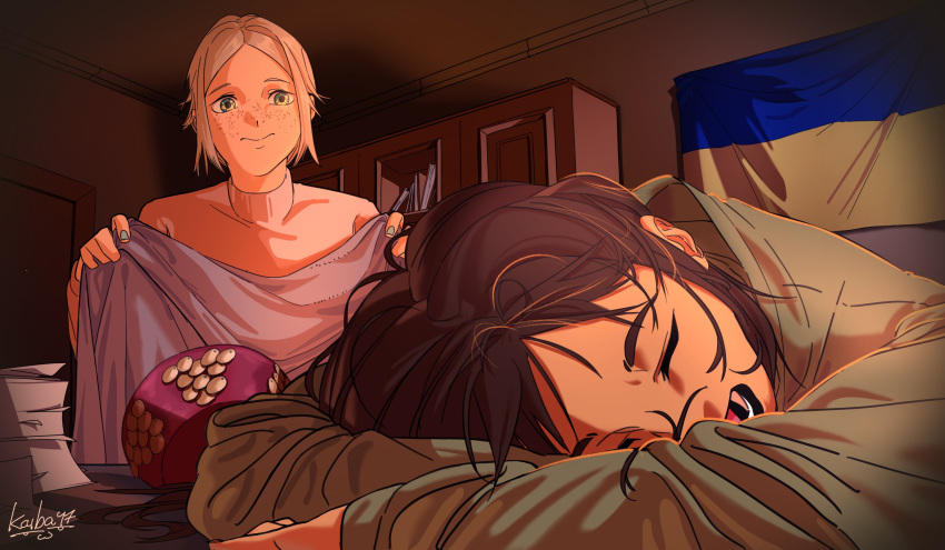 2girls, absurdres, arm_pillow, arms_on_table, blanket, blonde_hair, bookshelf, brown_hair