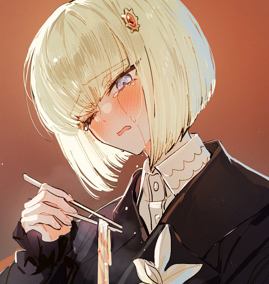 1girl, blonde_hair, blue_eyes, blush, brown_background, buttons, chopsticks, collared_shirt
