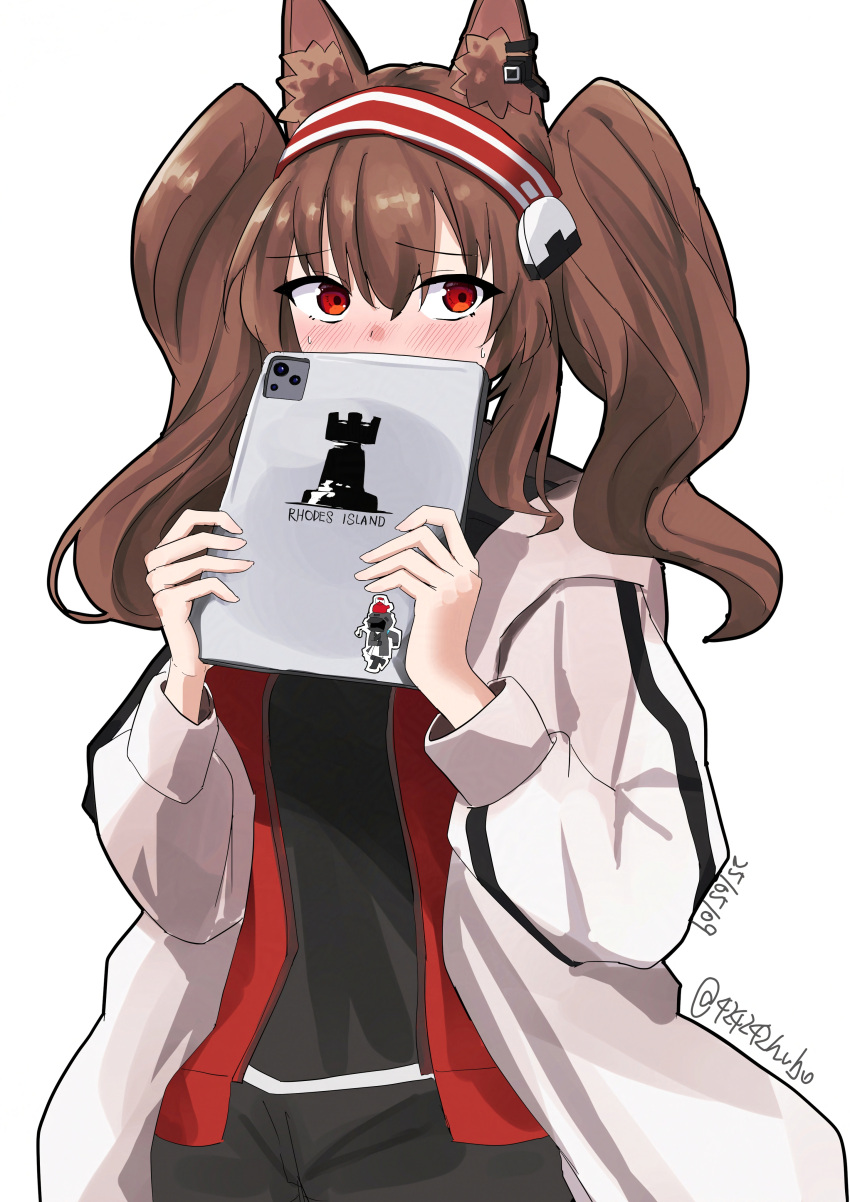 1girl, absurdres, angelina_(arknights), animal_ears, arknights, black_shirt, black_shorts, blush, brown_hair, coat, covering_face, dated, doctor_(arknights), dot_nose, earclip, earpiece, fox_ears, fubou_(0503oekaki24), hairband, highres, holding, holding_tablet_pc, jacket, kettle, layered_shirt, long_hair, long_sleeves, looking_at_viewer, open_clothes, open_coat, open_jacket, red_eyes, red_hairband, red_jacket, rhodes_island_logo_(arknights), shirt, shorts, simple_background, solo, sticker, striped_clothes, striped_hairband, sweat, tablet_pc, twintails, twitter_username, two-tone_hairband, white_background, white_coat